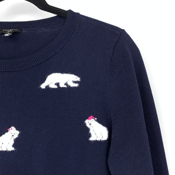 Talbots Holiday Sweater Crew Neck Womens LP Navy Blue Polar Bears in Santa Hats - Picture 3 of 7